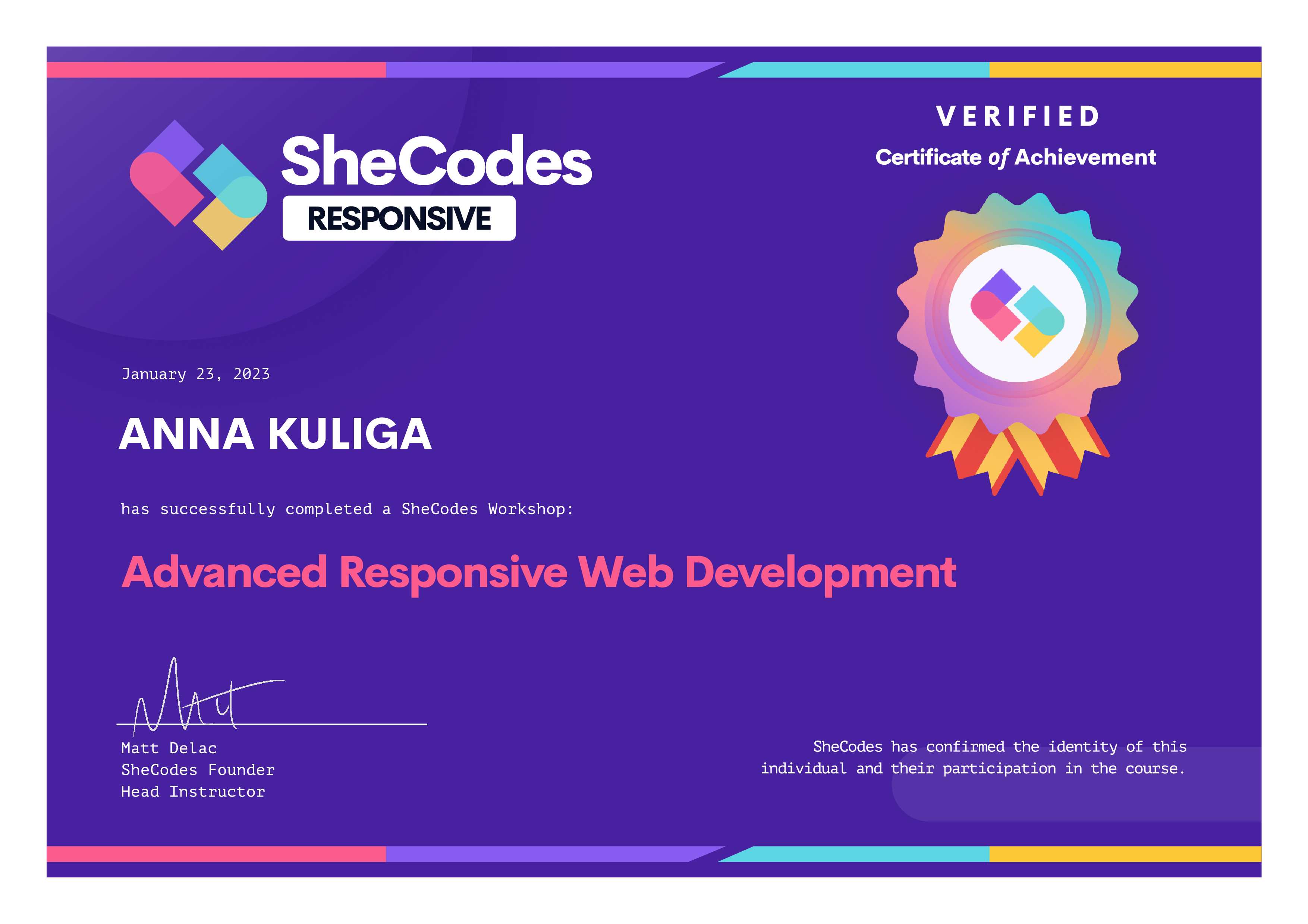 SheCodes Advanced Responsive Web Development Certificate